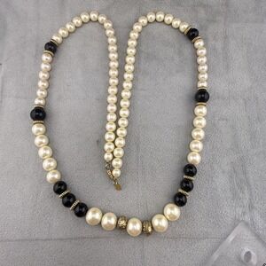 Vintage 1928 Beaded Necklace Gold Cream Black Faux Pearl 36in